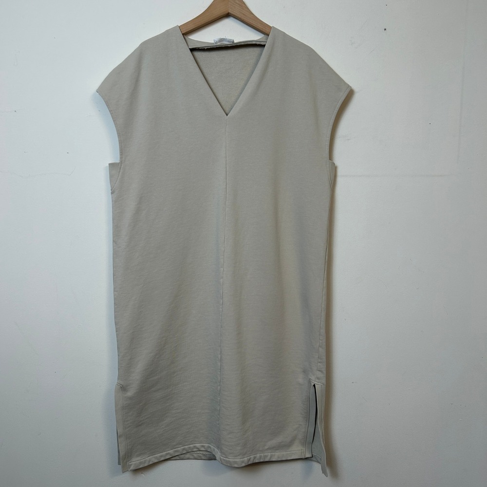 Haven Organic Cotton Midi Dress L Relaxed Tan Minimalist V-Neck